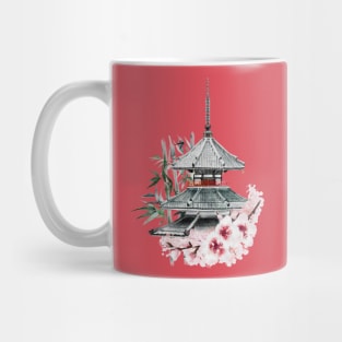 Japanese Painting of Beautiful Pagoda among Cherry Blossoms and Bamboo Mug